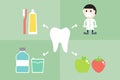 Good friend for tooth have dentist, toothbrush, toothpaste, floss, mouthwash, fruit and vegetable Royalty Free Stock Photo