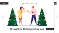 Good Friends Meeting on Xmas Market Landing Page. Man and Woman Warm Conversation Standing at Christmas Trees