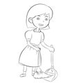 Good girl sweeping clean home hand drawn illustration