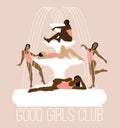 Good girls club. Vector hand drawn illustration of girls in swimsuits on fountain isolated.