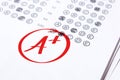 Good grade of A plus is written with red pen on the tests Royalty Free Stock Photo