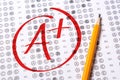 Good grade of A plus is written with red pen on the tests Royalty Free Stock Photo