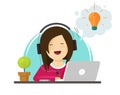 Good idea came to happy woman person vector cartoon flat illustration, concept of businesswoman working on laptop