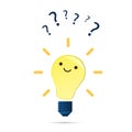 Is It a Good Idea? - Design Concept with Shining Bright Smiling Smart Indecisive Lightbulb Emoji with Question Marks - Vector