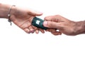 Human hand passing car keys to another hand on white isolate Royalty Free Stock Photo