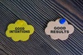 Good Intentions or Good Results write on sticky notes isolated on Wooden Table