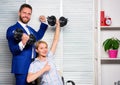 Good job concept. Boss businessman and office manager raise hand with dumbbells. Boost business team. Boost your skill Royalty Free Stock Photo