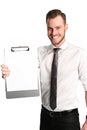 Good looking businessman with a clipboard wearing a white shirt and tie