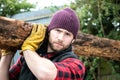 Handsome male lumberjack carries wood log on his shoulder Royalty Free Stock Photo