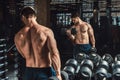 Good looking young man lifting dumbbells and working on his biceps in front of the mirror looking on his biceps Royalty Free Stock Photo