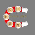 Horseshoe magnet with coins on it and the text good luck Royalty Free Stock Photo