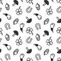 Good luck charms seamless pattern. Clover, acorn, horseshoe, rabbit's foot, mushroom background. Symbols of success