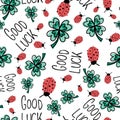 Good luck charms seamless vector pattern. Ladybug, four-leaf clover, Good Luck lettering repeating hand drawn fortune