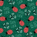 Good luck charms talisman seamless vector background. Ladybug, four-leaf clover, Good Luck lettering repeating hand drawn fortune