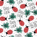 Good luck charms talisman seamless vector pattern. Ladybug, four-leaf clover, Good Luck lettering repeating hand drawn fortune Royalty Free Stock Photo