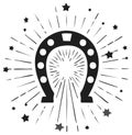 Good Luck Horseshoe Icon with Starburst Rays and Scattered Stars Graphic Royalty Free Stock Photo