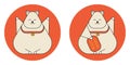 Good luck japanese symbol maneki neko cream cat icon, cute hands up cat japan gold red style