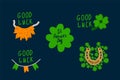 Good luck on Patrick`s Day. A set of logos for the green festival. Illustrations of Clover, Horseshoe, red beard for a good day