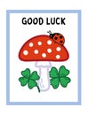 Good Luck Postcard Template with fly agaric, ladybug and four leaf clover. Best wishes with symbols of success Royalty Free Stock Photo