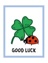 Good Luck Postcard Template with ladybug and four leaf clover. Talismans and amulets for luck doodle illustration Royalty Free Stock Photo