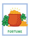 Good Luck Postcard Template with pot of gold and four-leaf clover. Fortune doodle illustration Royalty Free Stock Photo