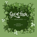 Good Luck special offer sale calligraphy logo on green paper cut clover background Royalty Free Stock Photo