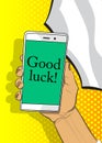 Good luck. Wishing success text on Smartphone screen.