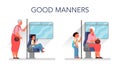 Good manners concept. Retired woman standing in the bus