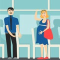 Good manners. the man on the bus gives way to the pregnant lady.etiquette.