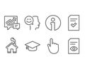 Good mood, Checked file and Graduation cap icons. Hand click, Accounting and View document signs.