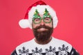 Good mood. Santa is coming. Santa man wear christmas tree party glasses. Happy bearded man with santa look. Holiday Royalty Free Stock Photo