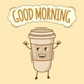 Good Morning Banner, Coffee Cup Icon. Cute Character, Food Concept Label. Cartoon Vector Illustration