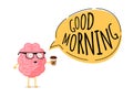 Good morning banner concept. Tired fatigue bad emotion cute cartoon human brain character with hot coffee cup. Central