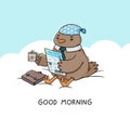 Good morning, bird sits on a cloud drinks coffee with a newspaper Royalty Free Stock Photo