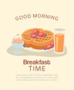 Good morning breakfast with belgian waffles berries, orange juice and egg vector illustration.