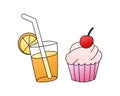 Good morning breakfast with cupcake and orange juice