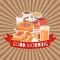 Good morning breakfast food assortment with belgian waffles, cream, berries, orange juice drink and egg, toasts vector