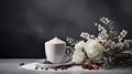 a good morning cappuccino paired with a spruce bouquet in a winter morning setting, modern style, showcasing the warmth
