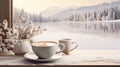 a good morning cappuccino paired with a spruce bouquet in a winter morning setting, modern style, showcasing the warmth