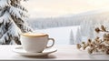 a good morning cappuccino paired with a spruce bouquet in a winter morning setting, modern style, showcasing the warmth