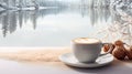 a good morning cappuccino paired with a spruce bouquet in a winter morning setting, modern style, showcasing the warmth