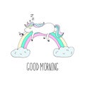 Good morning card. Cute Unicorn Unicorn asleep on the rainbow with coffee. Printable templates