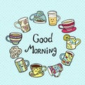 Good Morning Card with doodle tea cups on blue background. Royalty Free Stock Photo