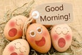 Good morning card and smile face eggs sleep. Royalty Free Stock Photo