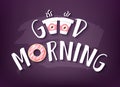 Good Morning card with text, doughnut and two cups of coffee on dark background. Vector banner Royalty Free Stock Photo