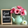 Good Morning Cheer: Teapot with Pink Gerberas Royalty Free Stock Photo