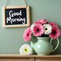Good Morning Cheer: Teapot with Pink Gerberas Royalty Free Stock Photo