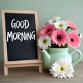 Good Morning Cheer: Teapot with Pink Gerberas Royalty Free Stock Photo