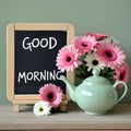 Good Morning Cheer: Teapot with Pink Gerberas Royalty Free Stock Photo