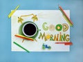 Good morning coffee and alarm clock concept. Cup of coffee with hand drawn alarm clock Royalty Free Stock Photo